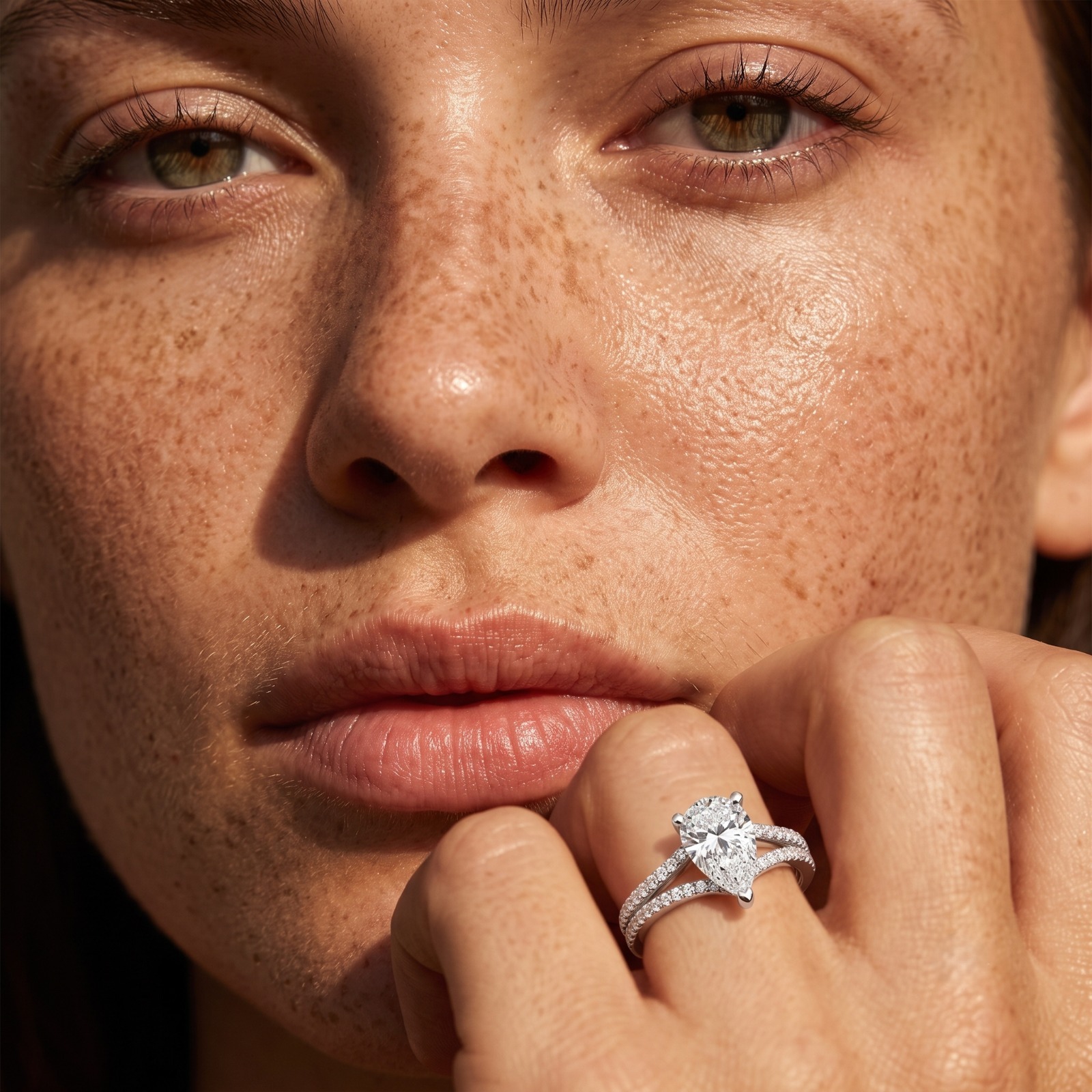Diamond ring on a model's hand — close-up jewelry photography