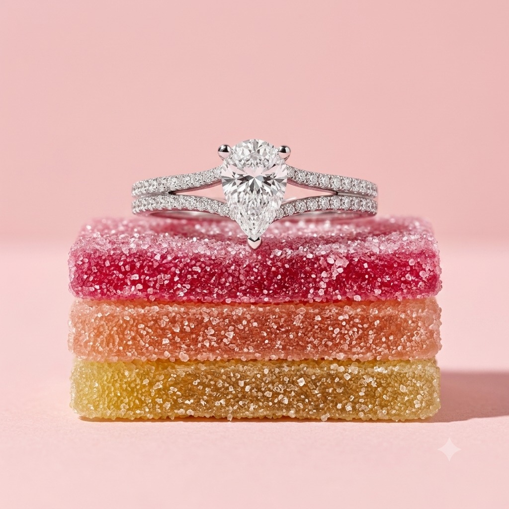 Diamond ring above colorful candy — jewelry photography