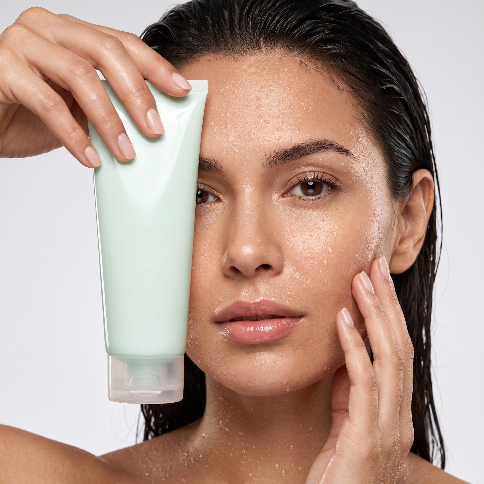 Model holding a skincare tube — beauty ad