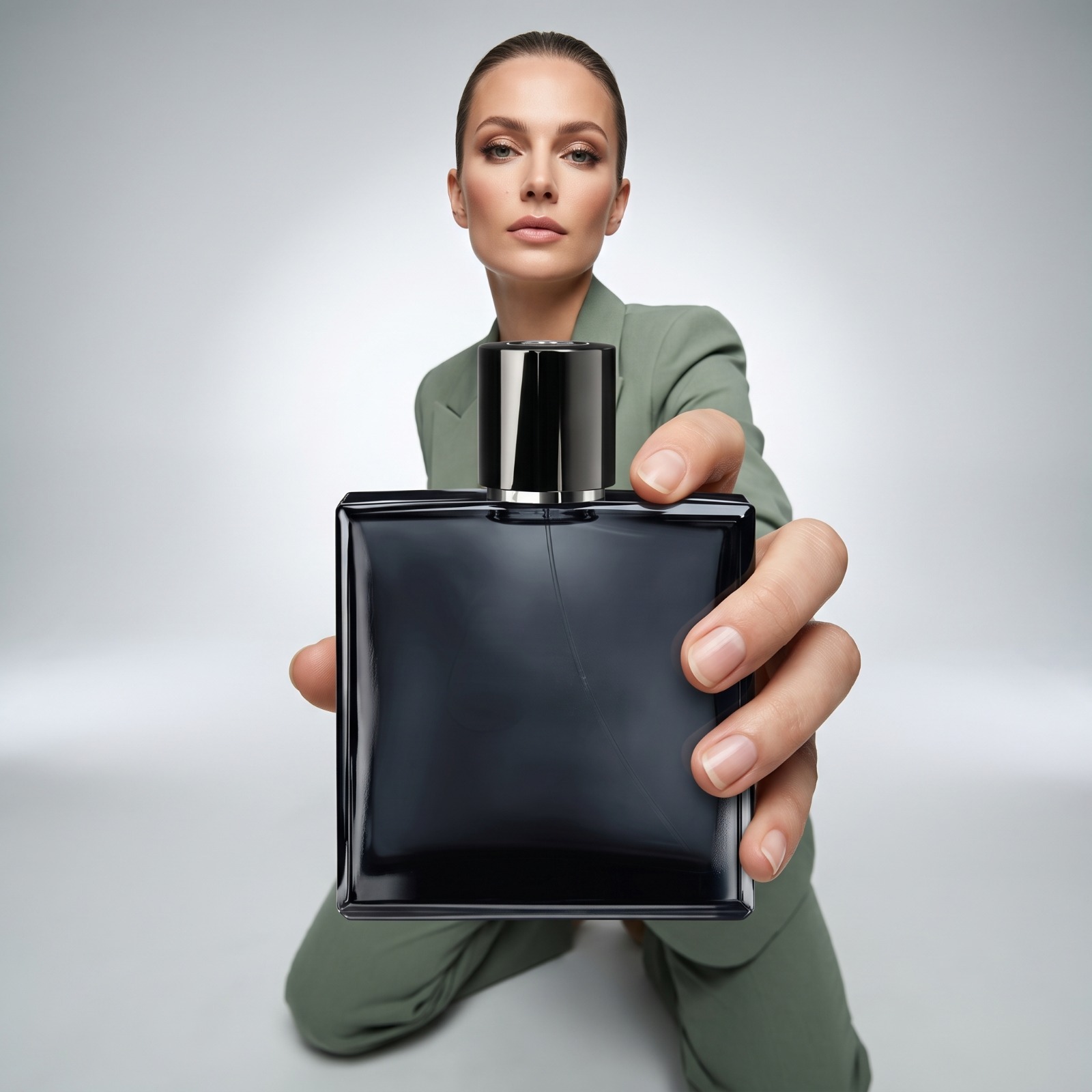 Model presenting a black perfume bottle — fragrance ad