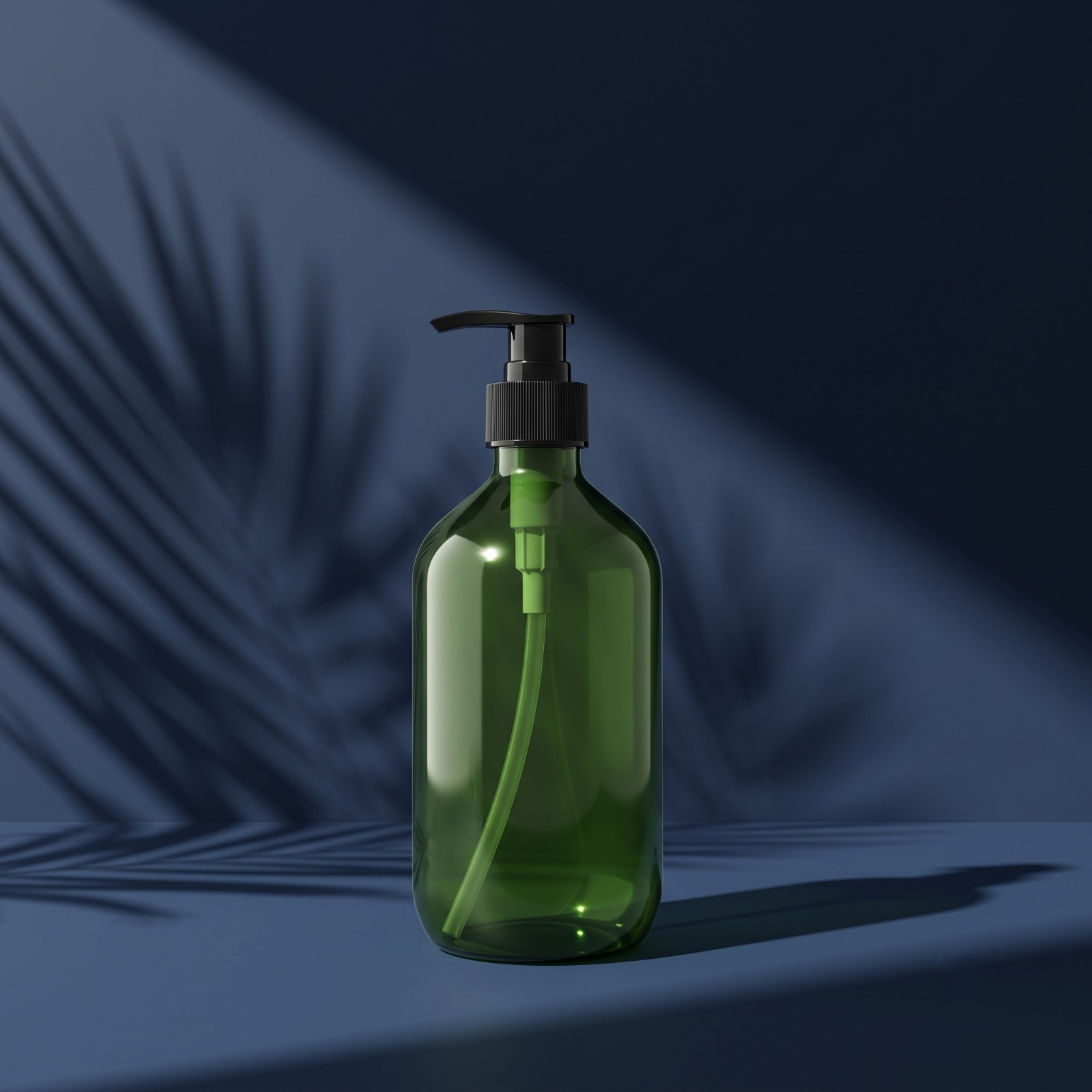 Green pump bottle on a blue background — personal care