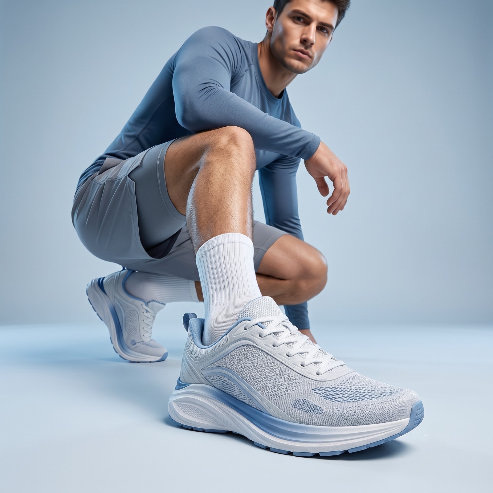 Athlete wearing white and blue running shoes — sportswear ad