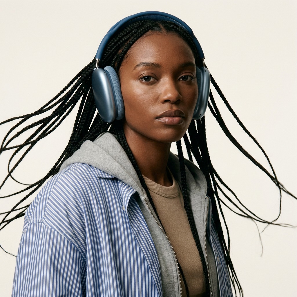 Model wearing blue headphones — lifestyle product photography