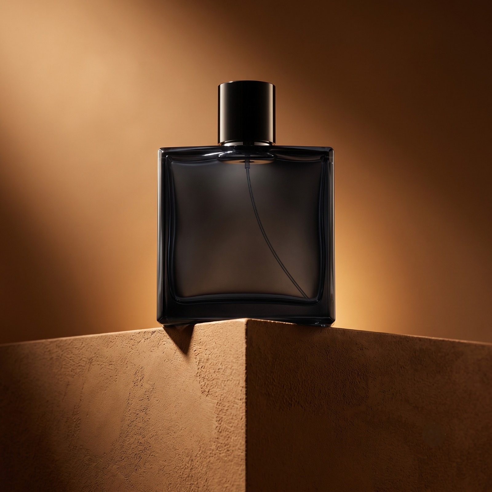 Black perfume bottle on a sand podium — fragrance photography