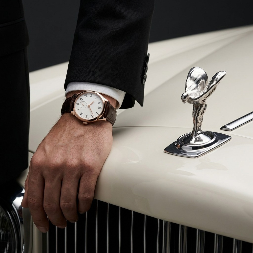 Gold watch with leather strap on a luxury car hood — watch photography