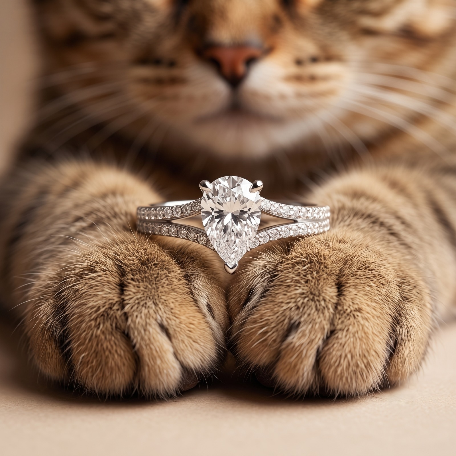 Diamond ring resting on a cat's paws — creative product photography