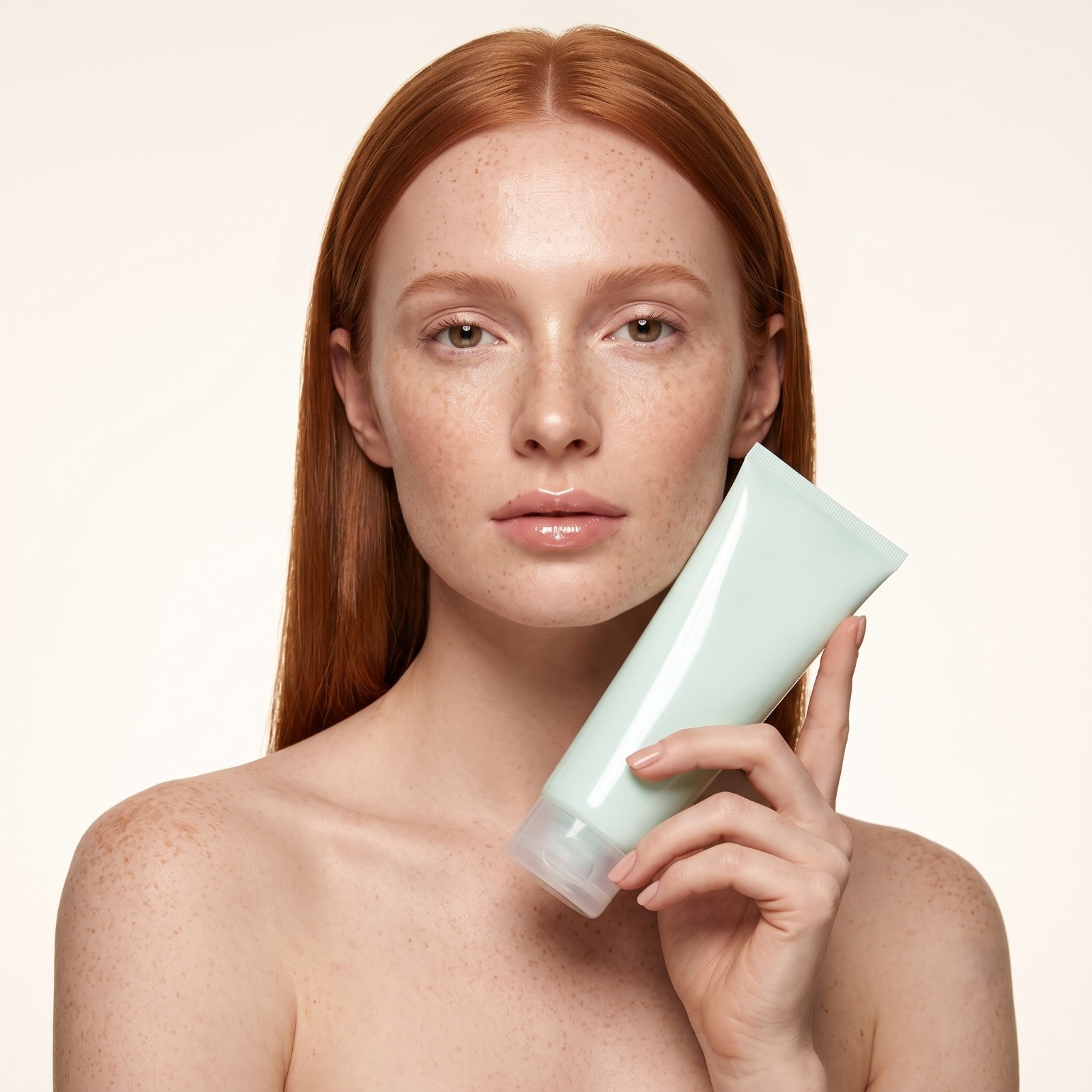 Model holding a skincare tube — beauty ad