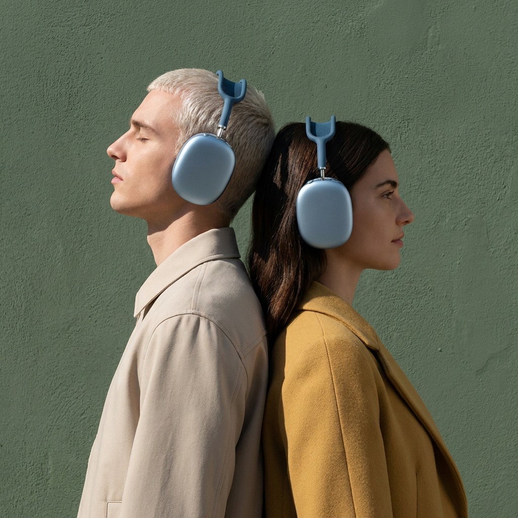 Couple wearing blue headphones — electronics ad