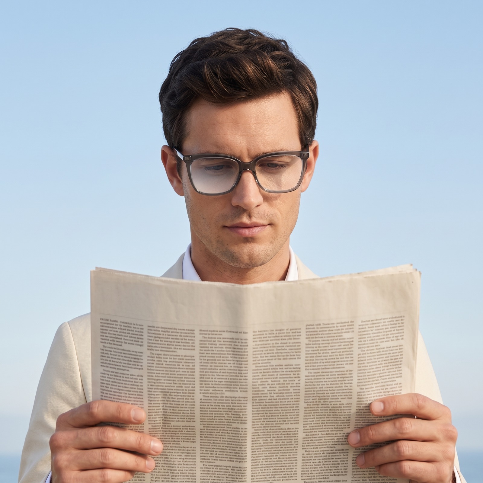 Man in glasses reading a newspaper — eyewear ad