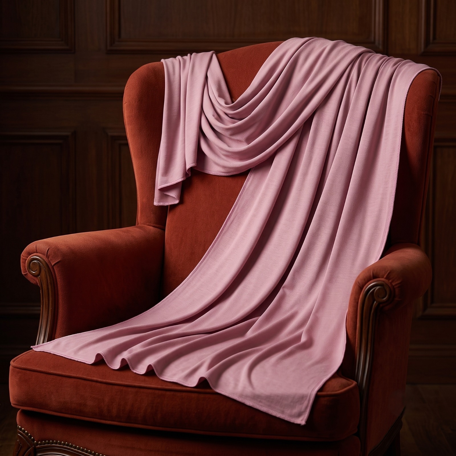 Pink scarf on a velvet chair — indoor product shot