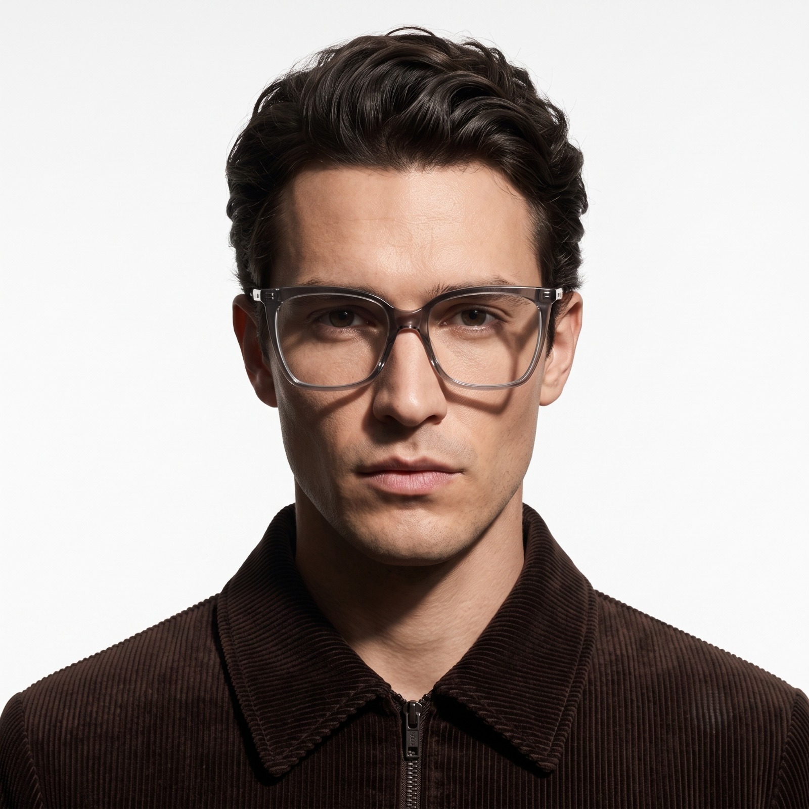 Man wearing clear prescription glasses — eyewear ad